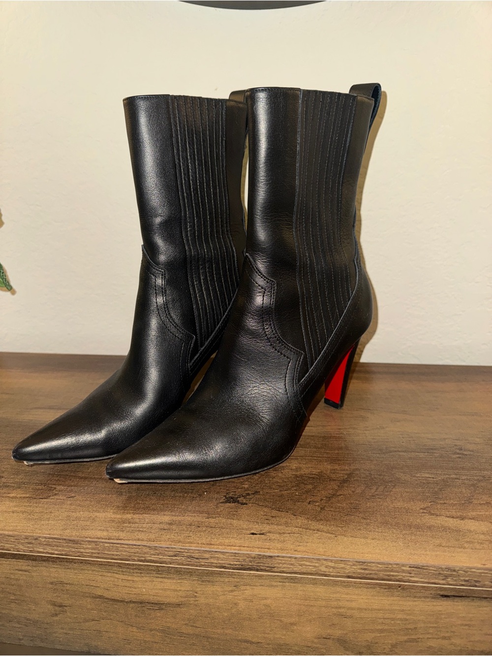 Christian Louboutin Black Pointed-Toe Mid-Calf Boots with Red Sole